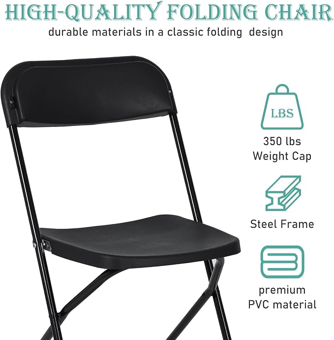 60 Pack Plastic Black Folding Chairs, Portable Stackable Commercial Party Folding Chairs with Steel Frame 350lbs for Home Office Outdoor Indoor Office Wedding Party Event