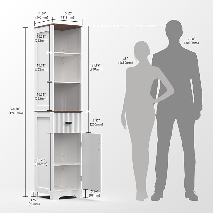 Tall Modern Bathroom Cabinet, 68.5" H Storage Cabinet with Fluted Wave Door, Drawer, Adjustable Shelves, Narrow Cabinet for Kitchen, Living Room, Entryway, White