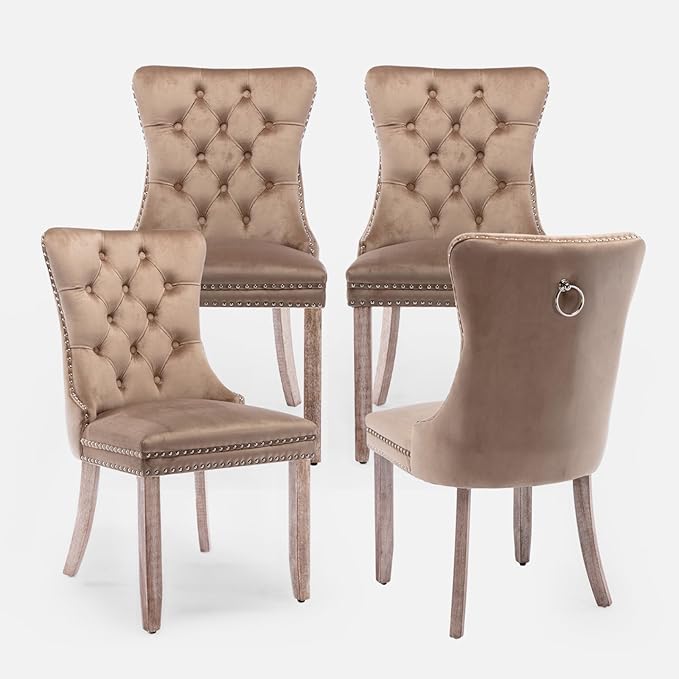 Velvet Upholstered Dining Chairs Set of 4, Modern Style Kitchen Side Chairs with Nailhead Trim and Wood Legs,Metal Pulling Ring for Dining Room Living Room