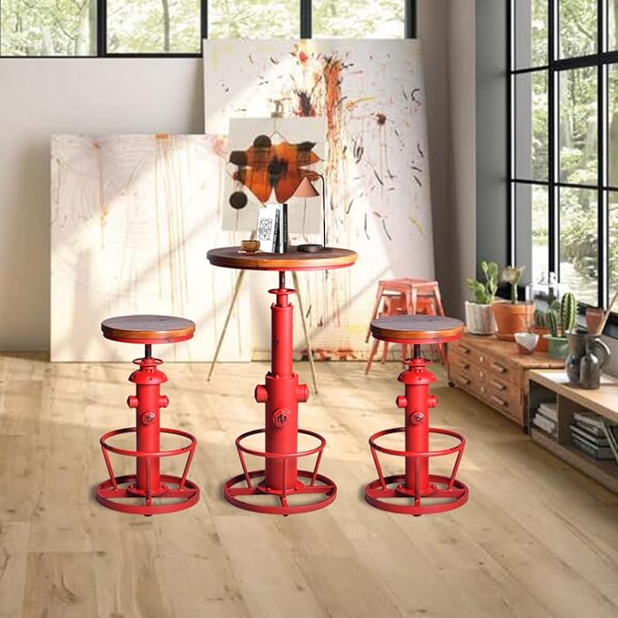 Topower 3 Piece Pub Bar Set Retro Round Bar Table and Stools for 2 Height Adjustable Pub Desk and Stools Match Bar Height and Counter Barstool Antique Red(1 Table + 2 Chairs)