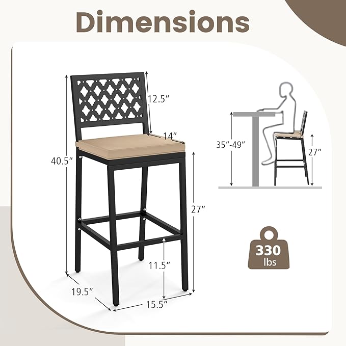 COSTWAY Outdoor Bar Chairs Set of 4, Armless Heavy-Duty Metal Frame Counter Height Chairs with Removable Cushions, Footrest, Ergonomic Backrest, Upholstered Barstools for Patio, Poolside, Backyard