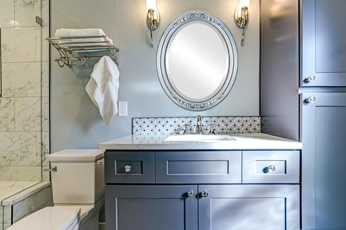 OVALCREST Oval Beveled Wall Mirror for Home Decor - Florence Style - Silver Leaf with Black Antique - 28" x 24"