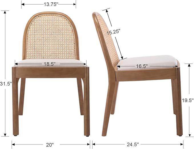 Upholstered Wooden Dining Chairs Set of 4, Farmhouse Kitchen & Dining Room Chairs with Cane Back, Accent Dining Table Chairs Beige Linen Seat for Kitchen/Restaurant/Living Room, Beige