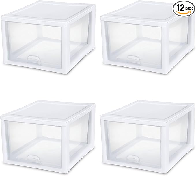 Sterilite 12-Pack 27 Quart Stacking Drawer, Clear Storage Closet Organizer, White Frame - Stackable Modular Plastic Drawers for Clothes, Accessories, Craft Supplies, Shoes or Linens