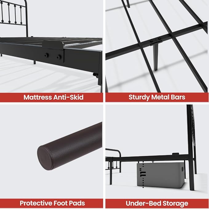 Golden Gate Beds Victorian Vintage Style Metal Bed Frame with Wrought Iron Headboard and Footboard, Classic Platform Bedframe Storage, No Box Spring Needed, Mattress Foundation, Black, California King