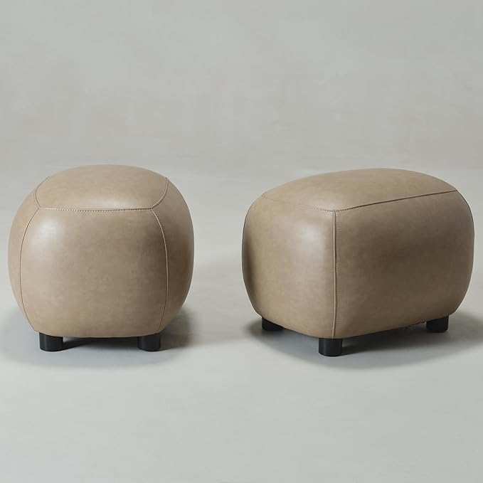 KINWELL 23" Wide Faux Leather Upholstered Ottoman Set of 2, Mid-Century Modern Living Room Footrest with Soft Padded Seat, Footstool for Bedroom, Entryway or Living Room, Khaki