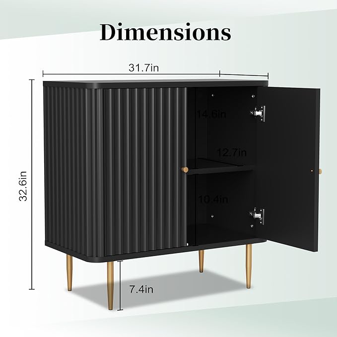 HLR Sideboard Buffet Cabinet with Fluted Texture, Black Accent Cabinet with 2 Doors, Modern Credenza Storage for Kitchen Living Room, Entryway (Black, 1Piece)