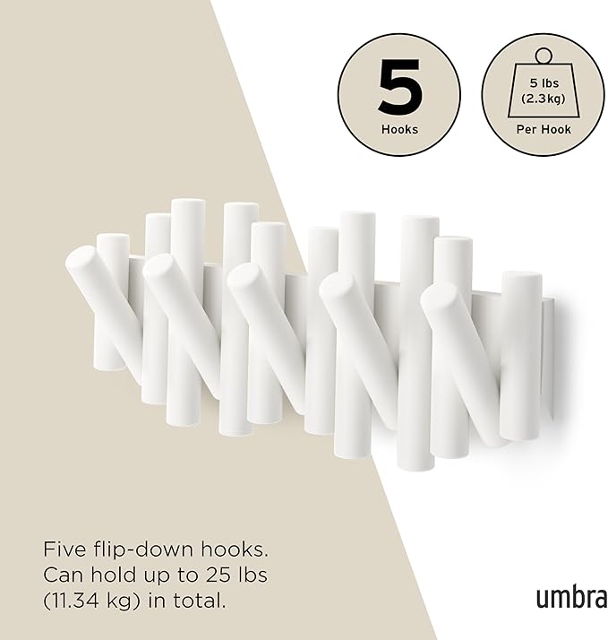 UMBRA Picket Rail Wall Stylish and Functional Hook with Five Hoops (White) (Pack of 3)