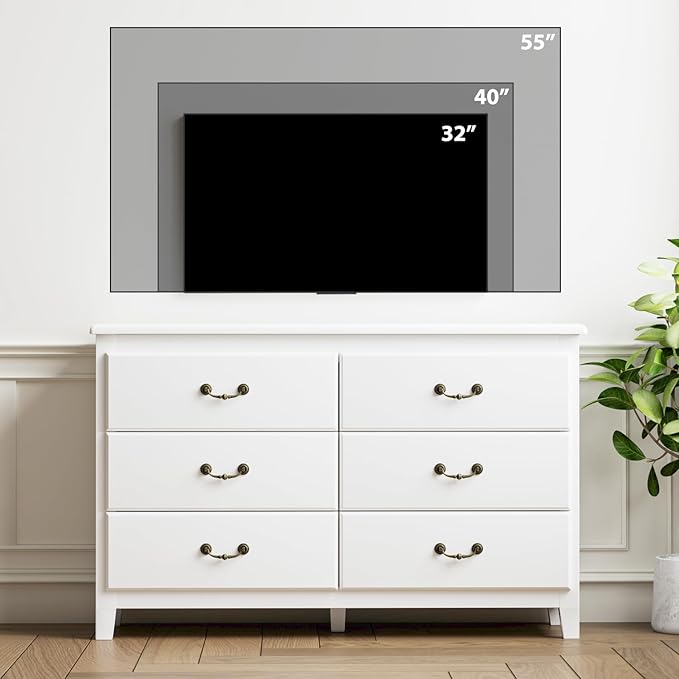 White Dresser, Modern 6 Drawer Double Dresser for Bedroom Adults & Kids with Vintage Gold Handles, Wide Dressers & Chests of Drawers, 6 Drawer Dressers for Hallway, Antique White