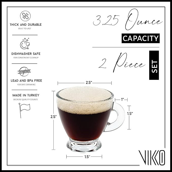 Vikko Glass Espresso Cups, 3.25 Ounce, Set of 2 Clear Glass Coffee Mugs, Durable Dishwasher Safe for Home Use
