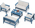 SERWALL HDPE Patio Furniture Set, 5 Piece All Weather Wood-Like Sectional Outdoor Furniture Set, Blue Patio Sofa Couch with Khaki Cushions for Deck, Lawn