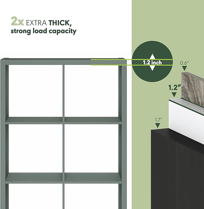 Furinno Cubicle Book Shelf, 8-Cube Thick Frame Bookshelf, Horizontally & Vertically Reversible Bookcase with Open Back, 14.6" x 30" x 57.9", for Living Room, Bedroom, Home Office, Sage Green