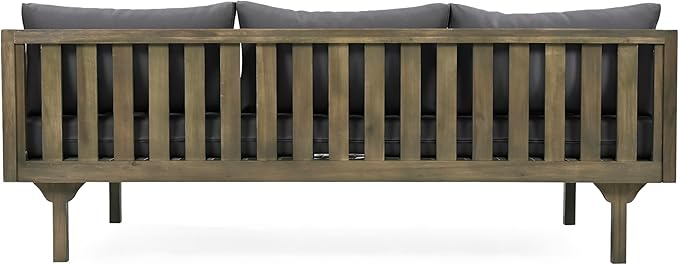 Christopher Knight Home Claremont Outdoor 3 Seater Acacia Wood Daybed with Fabric Water Resistant and Removable Cushions, Patio Garden Sofa with Slat Paneling Armrest and Back, Grey and Dark Grey