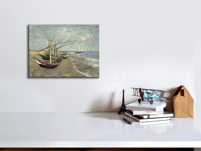Wieco Art Fishing Boats on the Beach at Les Saintes Maries Modern Giclee Canvas Prints of Van Gogh Famous Oil Paintings Reproduction Seascape Pictures on Canvas Wall Art Work For Home Decorations