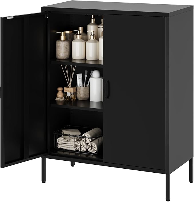 Metal Locker Storage Cabinet with 2 Doors and 4 Shelves，39.96" Tall Steel Office Cabinet,Bathroom Floor Locker，for Office,Home,Garage,Gym,School (Black)