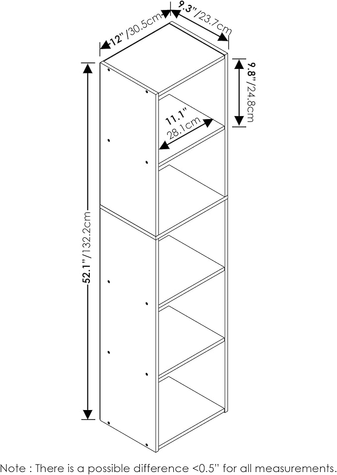 Furinno PASIR Book Shelf, 5-Tier Modern Bookshelf, Open Shelves Bookcase 9 x 12 x 52, for Living Room, Bedroom, Home Office, White