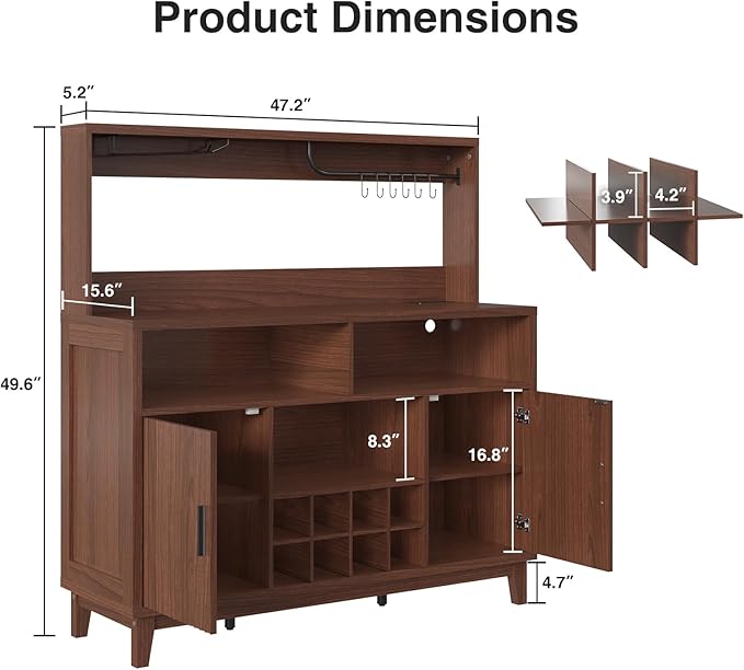 Fluted Buffet Cabinet with Storage, Modern Coffee Bar Cabinet with Outlet, Wine Rack, Cup Holder, Multi-Functional Accent Liquor Cabinet for Living Room, Entryway, Kitchen, Walnut
