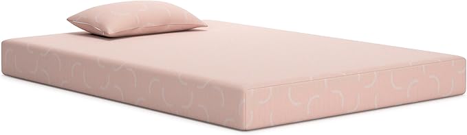 Signature Design by Ashley Twin Size iKidz 7 Inch Firm Gel Memory Foam Mattress with Stretch Knit Cover & Pillow Included, Pink Coral, Fiberglass Free, Mattress in A Box