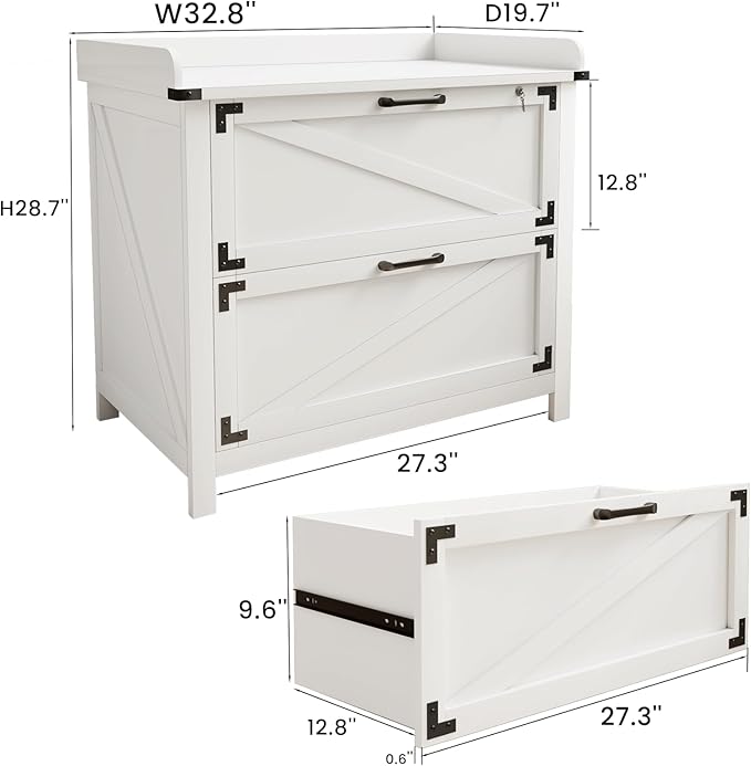 2 Drawer File Cabinet with Lock, Modern Farmhouse Filing Cabinet for Legal/Letter/A4 Size Hanging Files, Large Wood File Cabinets for Home Office