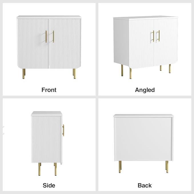 Set of 2 Fluted White Storage Cabinets, Modern 2-Door Sideboard Buffet Cabinet with Adjustable Shelves and Metal Legs, Accent Cabinet for Kitchen, Living Room, Entryway (White & Gold)