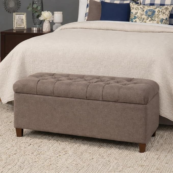 Homepop Home Decor | Tufted Ainsley Button Storage Ottoman Bench with Hinged Lid | Ottoman Bench with Storage for Living Room & Bedroom, Brown 18x40x18 inches