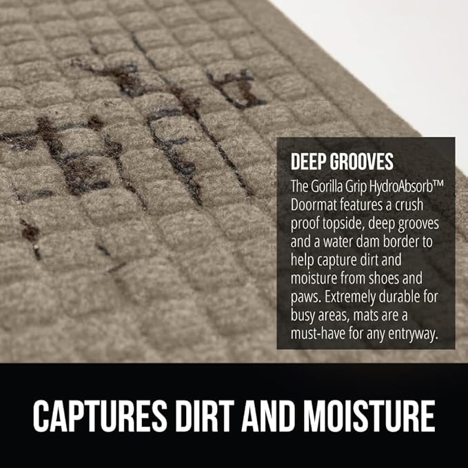 GORILLA GRIP Front Door Mat, 72x24, Indoor Outdoor Ultra Absorbent HydroAbsorb Doormat, Absorbs Up to 2.75 Cups of Water, Stain and Fade Resistant, Rubber Backing Doormats, Captures Dirt, Beige