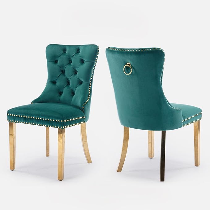 Velvet Upholstered Dining Chairs Set of 2, Modern Style Kitchen Side Chairs with Nailhead Trim and Gold Plated Leg, Metal Pulling Ring for Dining Room Living Room(Green,Set of 2)
