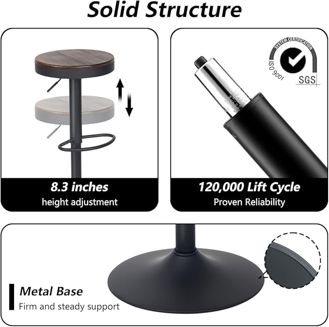 Kidol & Shellder Backless Counter Stools Set of 2 Swivel Adjustable Height BarStools Round Walnut Wooden Seat Modern Armless Bar Chairs for Kitchen Island Dining Room Cafe (Black)