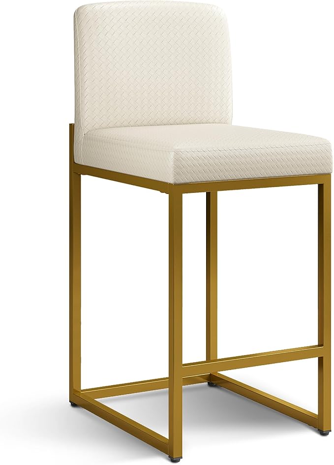 PHI VILLA Bar Stools - Counter Height Bar Stool Leather Stools for Kitchen Counter, White and Gold Bar Stools with Back
