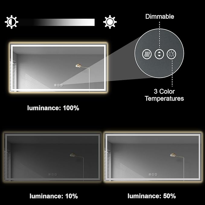 Awoco 72''x36'' LED Bathroom Mirror with Light, Lighted Vanity Mirror with Backlit and Front Light, Dimmable Anti-Fog Memory Function Lighted Mirror with 3 Colors for Bathroom Wall