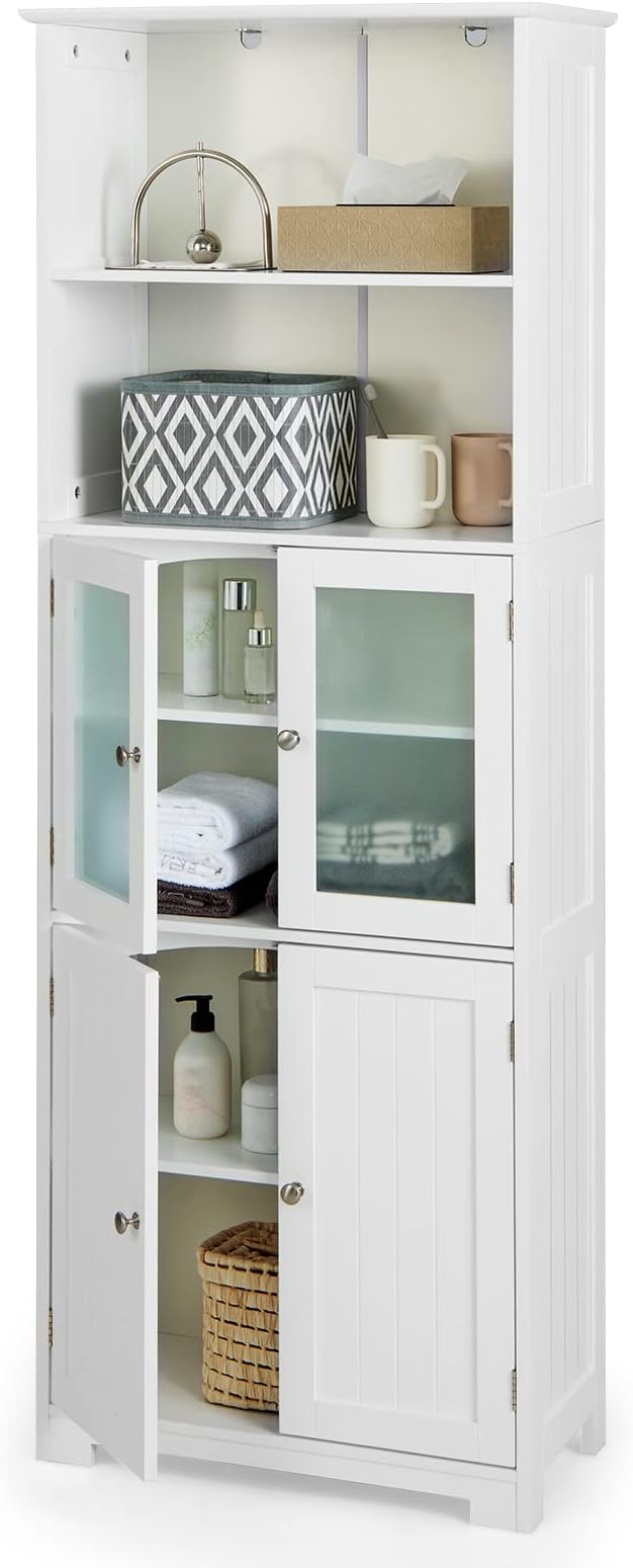 LOKO Tall Bathroom Cabinet, Modern Storage Organizer with Doors & Open Shelves, Wooden Floor Cabinet with Adjustable Shelves for Bathroom, Living Room or Kitchen (White)