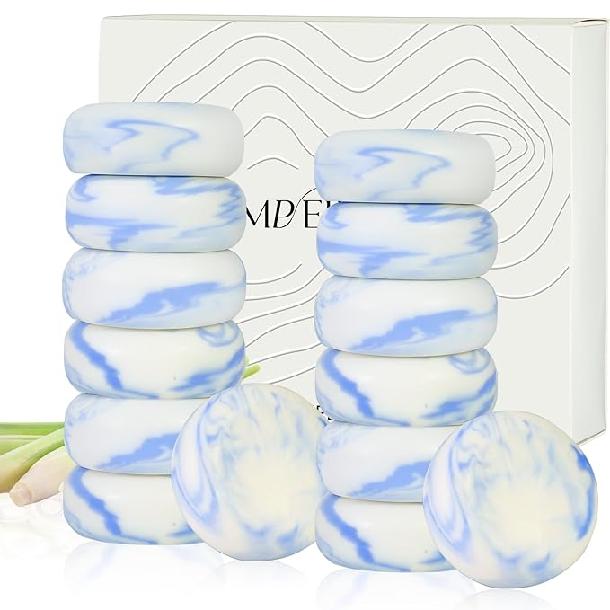 14 Pack 25 g Travel Size Soap Lemongrass Scented, Individually Wrapped 4-In-1 Handmade Hotel Mini Soap Bars with Olive Oil, Shea Butter, Soothe and Moisturize, Eco-Friendly, 0.88 oz