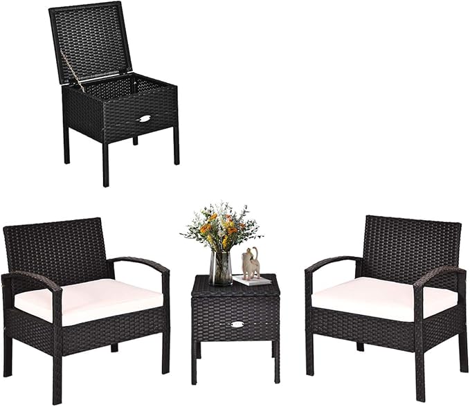 COSTWAY Rattan Patio Furniture Set 3 Pieces, Wicker Conversation Set with Tempered Glass Coffee Table, Seat Cushions, Outdoor Chair Wicker Sofa for Backyard Balcony Porch Poolside, White