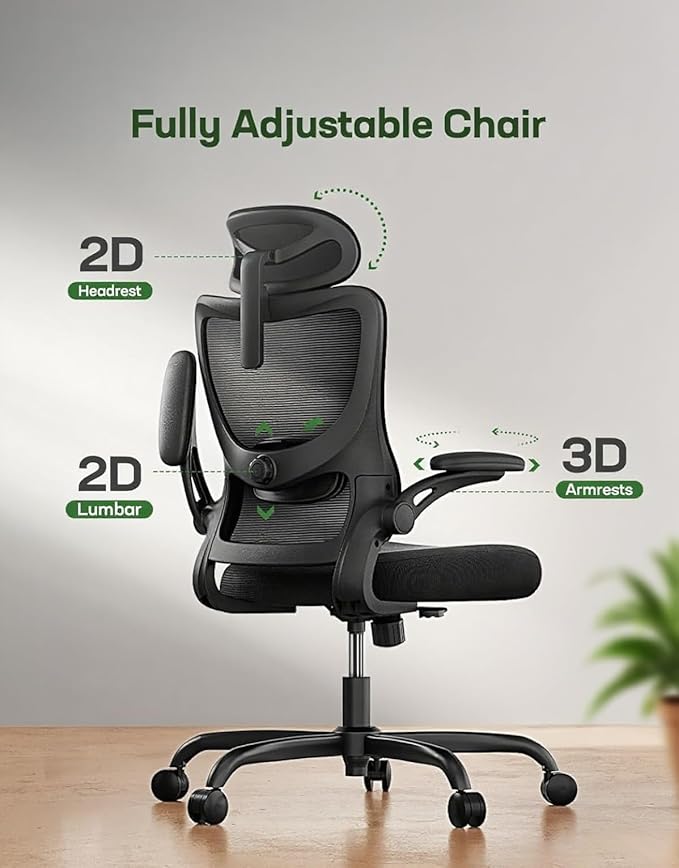 Marsail Ergonomic Office Chair with Headrest Mesh Office Computer Desk Chair with Adjustable Lumbar Support Rolling Work Swivel Task Chairs with Wheel 3D Armrests