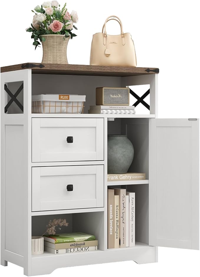 Fameill White Farmhouse Storage Cabinet with 2 Drawers & Shelves,Freestanding Kitchen Cabinet with Doors,Floor Storage Organization for Living Room,Bathroom,Laundry