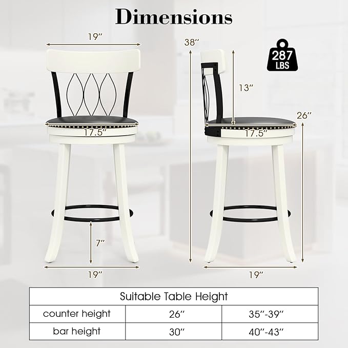 COSTWAY Bar Stools Set of 4, 26” Seat Height Swivel Barstools with Ergonomic Backrest, Soft Cushion & Footrest, Rubber Wood Counter Height Bar Chairs Upholstered Dining Chairs for Kitchen Island