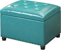 Leather Storage Ottoman Bench with Nailhead Trim Chests, Rectangle 24 Inch Foot Rest Ottomans Stool for Living Room Bedroom (Teal Blue)