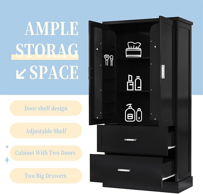 Polibi Tall Storage Cabinet with 2 Doors, 2 Drawers, 4-Tier Storage Racks of Each Door, Adjustable Shelf, Floor Free-Standing Cabinet for Bathroom, Living Room, MDF Board, Black