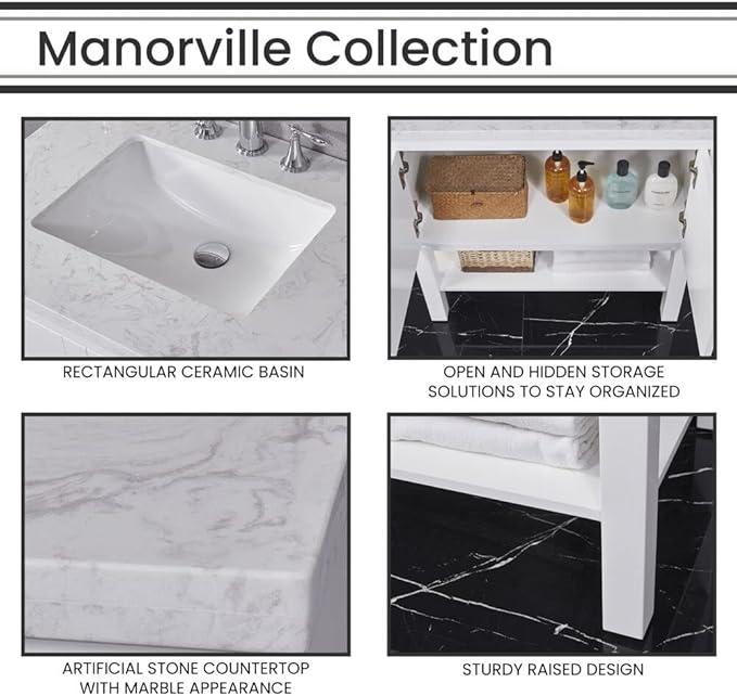 Hanover Manorville 31'' Vanity Cabinet with Sink Combo for Bathroom, Powder Room | Pre-Assembled Cabinet | 2 Doors, Bottom Shelf | Artificial Stone Marble Countertop, White Cabinet | HANVN0101-31-1WH