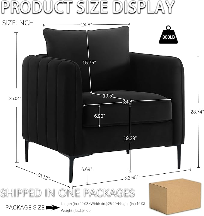 Velvet Accent Chair, Comfy Upholstered Single Sofa Chair Mid-Century Modern Armchair with Thick Cushion and Wood Frame Side Chair for Living Room Bedroom Apartment (Black)