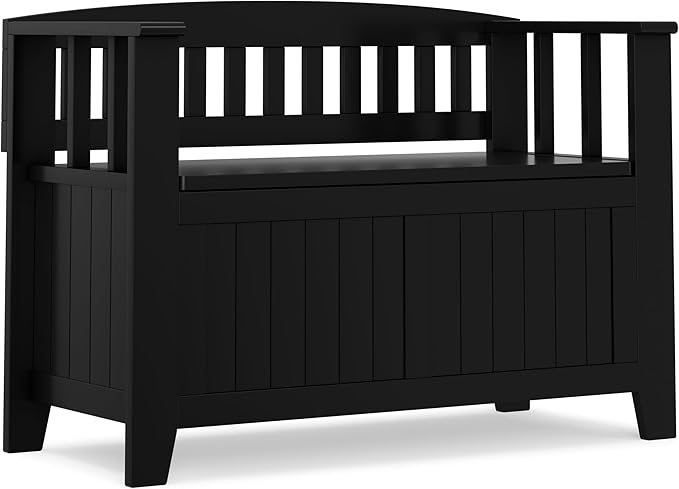 SIMPLIHOME Acadian Entryway Storage Bench - 36 inch Wide Solid Wood Small Hallway Seat in Black, Transitional Bench for Mudroom or Entryway with Lift-Up Lid, 2 Compartments and Slatted Backrest