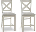 Signature Design by Ashley Robbinsdale Farmhouse Upholstered Barstool, Set of 2, X-Back, Nailhead Trim, Wood, 24.75" H, White & Light Gray