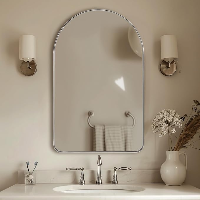 ANDY STAR Arch Mirror, 24" x 38" Arched Chrome Mirror in Stainless Steel Metal Frame, Chrome Bathroom Mirror for Wall, Arch Top Rounded Corner 1" Deep Set Design Wall Mount Hangs Vertical