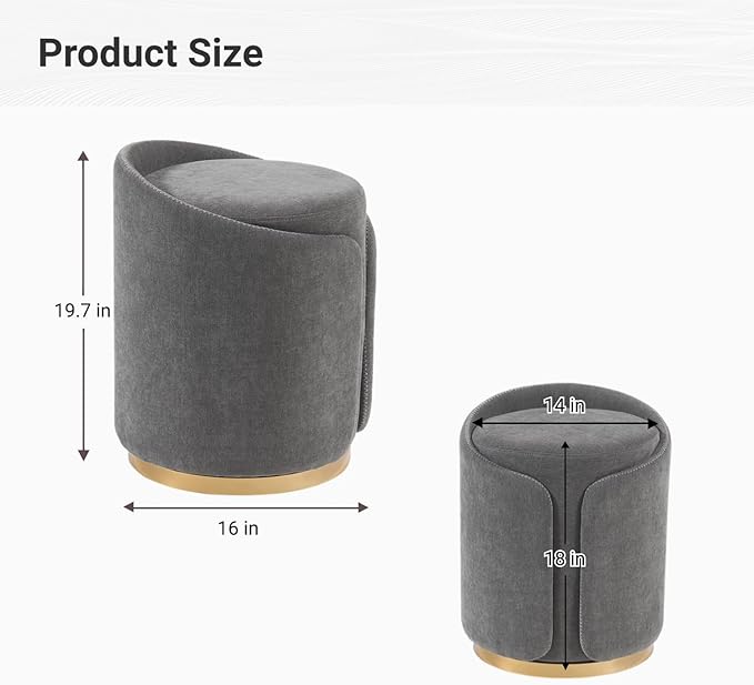 Swivel Vanity Stool with Gold Base Comfy Vanity Chair Modern Round Stool for Makeup Vanity Ottoman Foot Rest for Bedroom livingroom (Dark Gray)