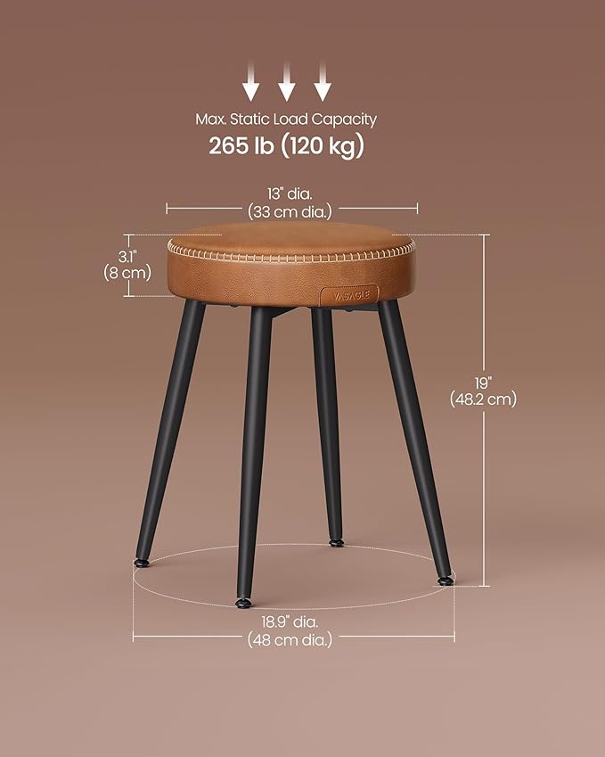 VASAGLE EKHO Collection - Dining Chairs Stools Set of 4, Upholstered Kitchen Chairs, Vanity Stools, Synthetic Leather with Stitching, Mid-Century Modern, 19-Inch Tall, Easy Assembly, Caramel Brown