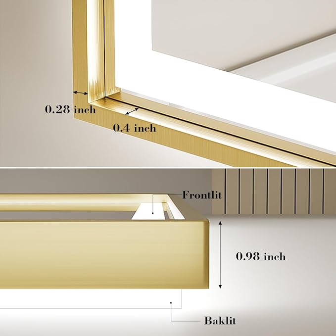 LED Bathroom Mirror, 40x30 Inch Frontlit & Backlit Gold Framed Lighted Mirror,Wall Mouted Vanity Mirror with Lights,Double Lights Strips,Anti Fog Stepless 3 Colors Temperature & Dimmable