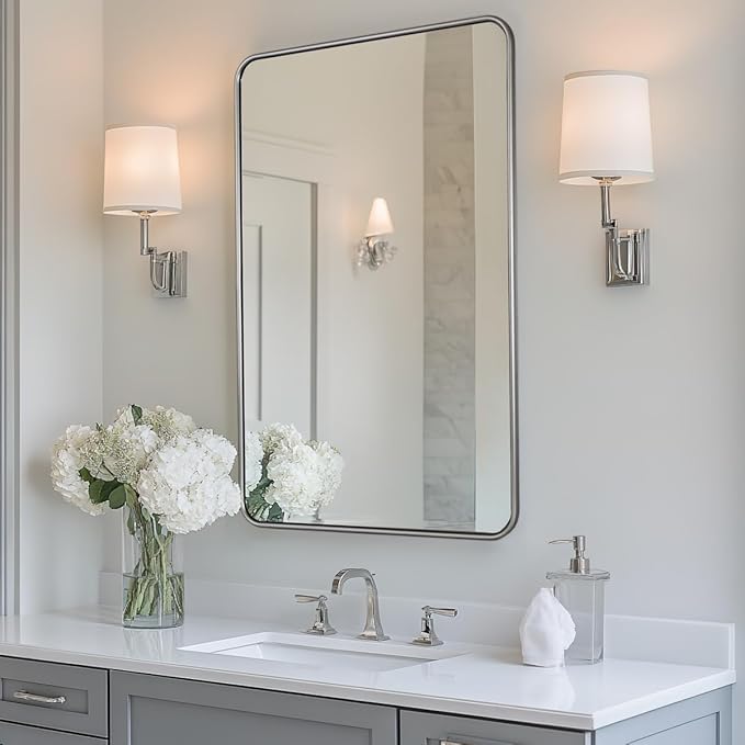 ANDY STAR Mirror for Bathroom, 24x36 Inch Brushed Nickel Bathroom Rectangle Mirror for Wall, Modern Rectangular Thick Tube Metal Frame for Vanity Over Sink, Explosion-Proof Film, Horizontal/Vertical