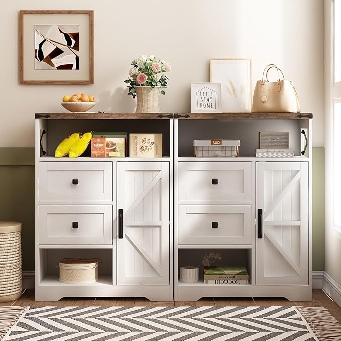 Fameill White Farmhouse Storage Cabinet with 2 Drawers & Shelves,Freestanding Kitchen Cabinet with Doors,Floor Storage Organization for Living Room,Bathroom,Laundry