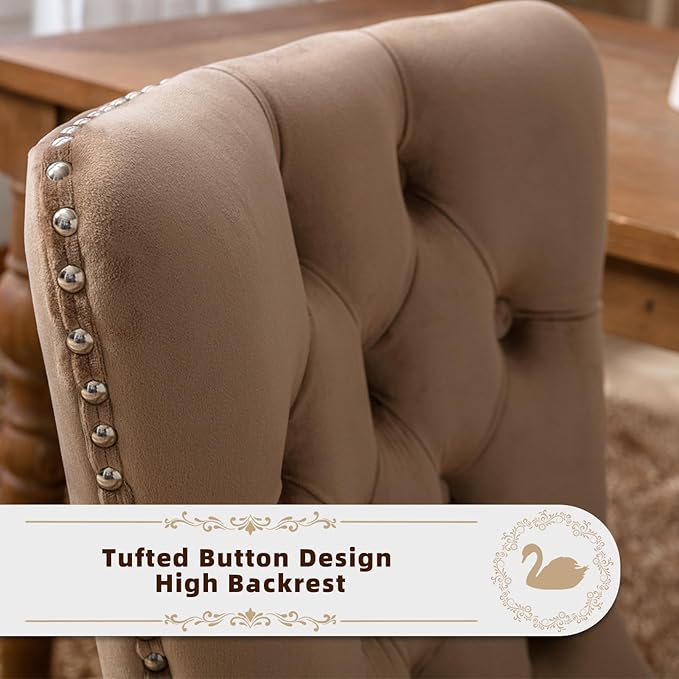 Velvet Upholstered Dining Chairs Set of 6, Modern Style Kitchen Side Chairs with Nailhead Trim and Wood Legs,Metal Pulling Ring for Dining Room Living Room(Khaki,Set of 6)
