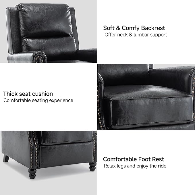 Lumibee Pushback Recliner Chair,Upholstered Wingback Chair for Small Spaces,PU Leather Armchair for Living Room,Single Sofa Accent Chair Reading Seat for Balcony,Bedroom-Black